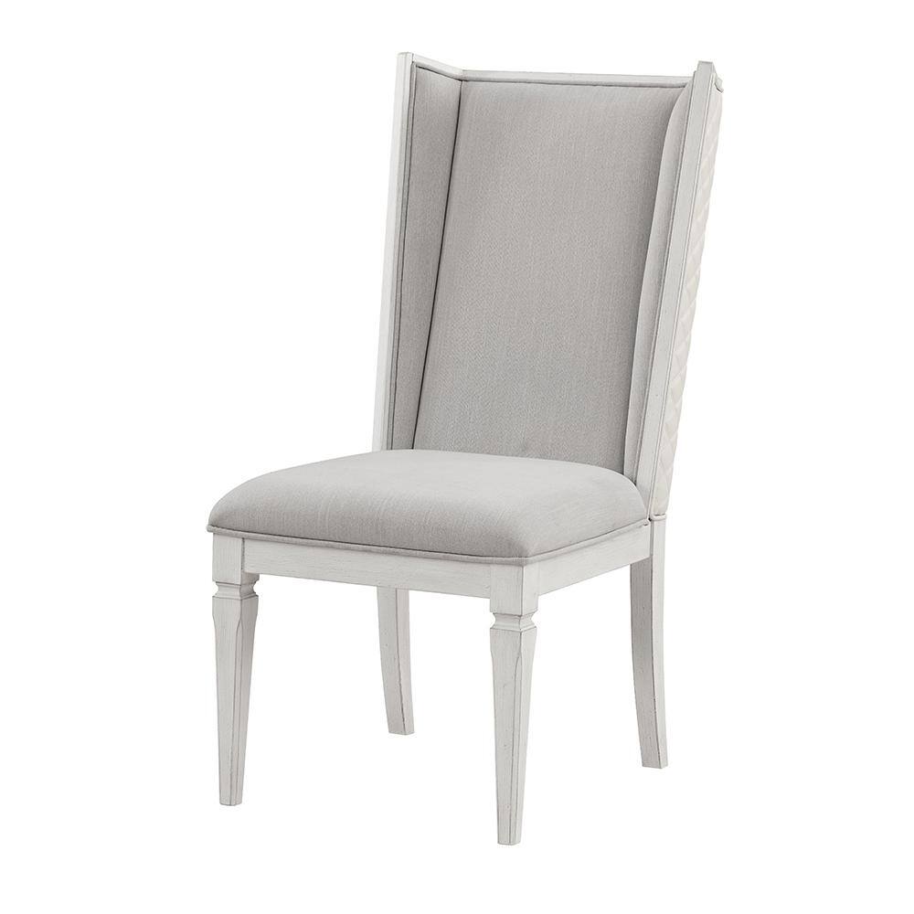 Light Gray Linen Upholstered Side Chair with Weathered White Wood Frame