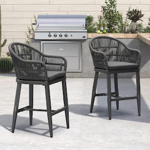 Modern Aluminum Rattan Counter Height Outdoor Bar Stool with Back and Grey Cushion (2-Pack)