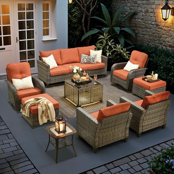 New Vultros Gray 9-Piece Wicker Patio Conversation Set with Orange Red Cushions and Solar LED Coffee Table