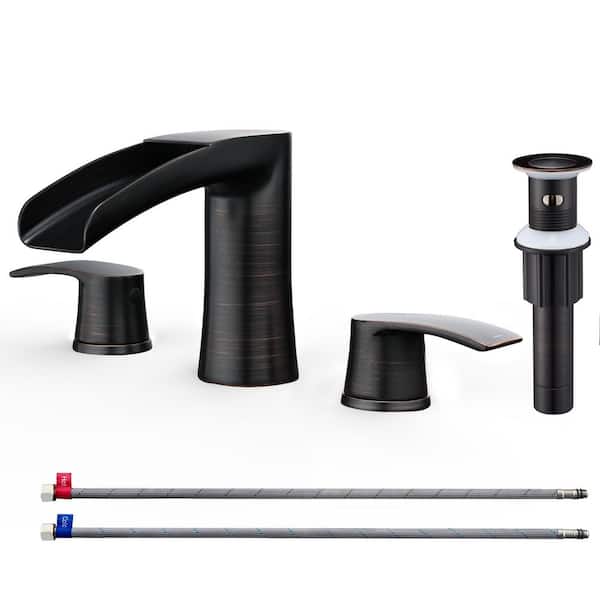 8 in. Widespread Double Handles Waterfall Spout Bathroom Sink Faucet with Pop Up Drain in Oil Rubbed Bronze