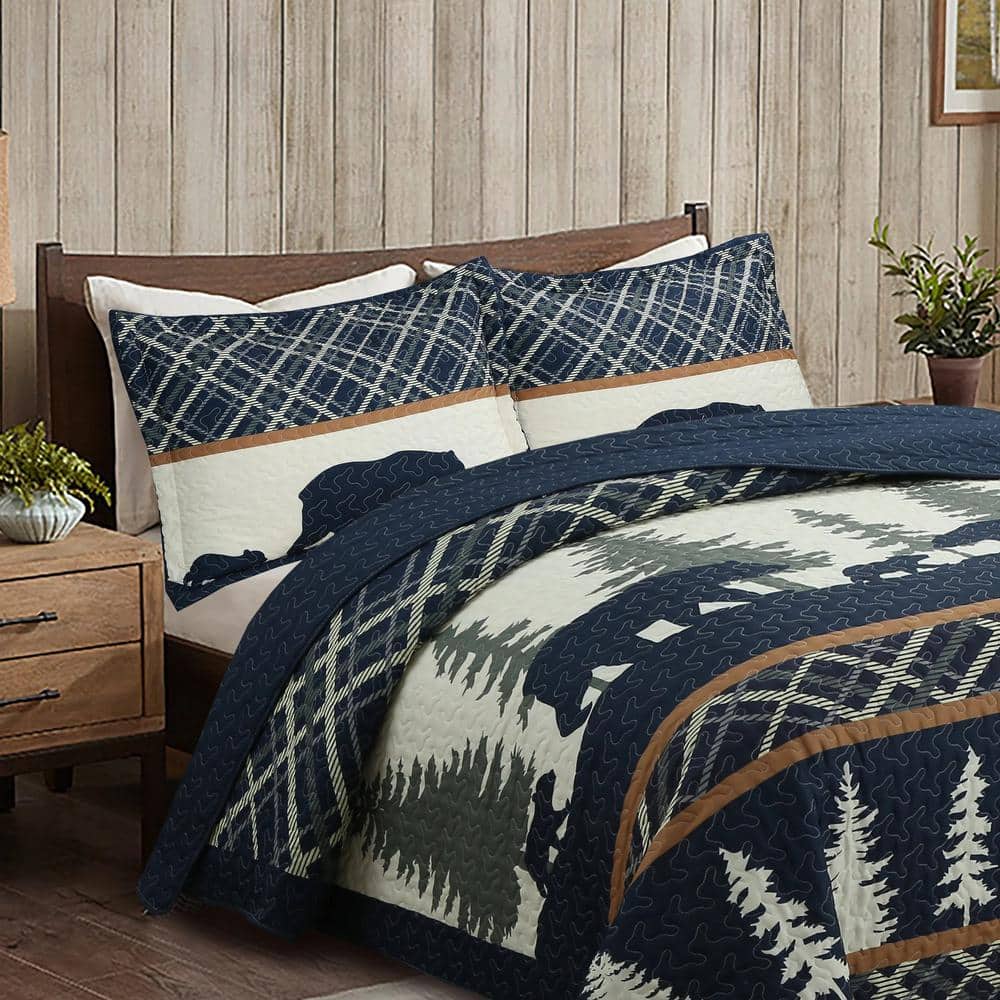 King Blue Reversible Rustic Lodge Quilt Set