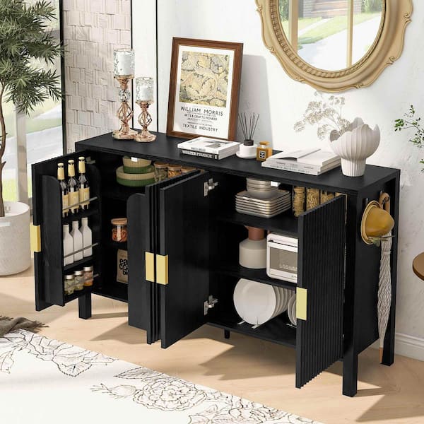 Black MDF Wood Buffet with Adjustable Shelves and Side Hooks