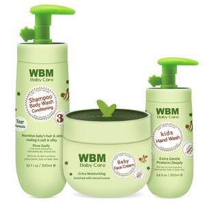 Baby Bath Essentials Kit for Hair and Skin Care Includes 3-In-1 Shampoo and Body Wash, Face Moisturizer Cream, Hand Wash