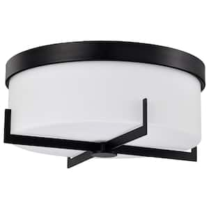 Roselle 14.38 in. 3-Light Matte Black Flush Mount with White Glass Shade