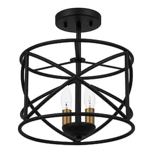 Hastings 13.5 in. 2-Light Matte Black Industrial Caged Drum Ceiling Semi Flush Mount Light