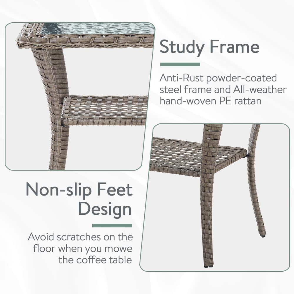 Carlos Gray Steel and Wicker Outdoor End Table with Glass Top
