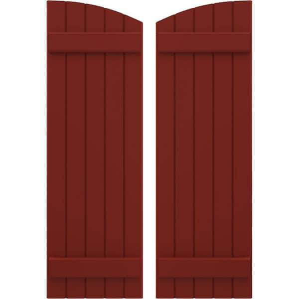 Ekena Millwork 17-1/2 in. W x 67 in. H Americraft Exterior Real Wood Joined Board and Batten Shutters with Elliptical Top in Pepper Red