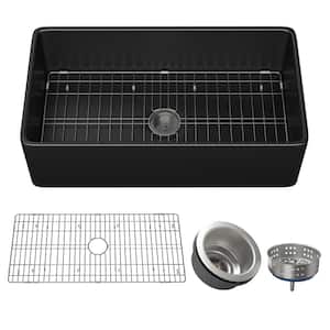 Black Fireclay 33 in. Drop-In Single Bowl Farmhouse Apron Workstation Kitchen Sink with Bottom Grid and Drain