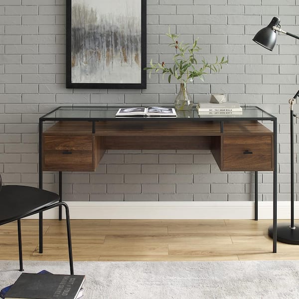 56 in. Dark Walnut Rectangular 2 -Drawer Writing Desk with Glass Top