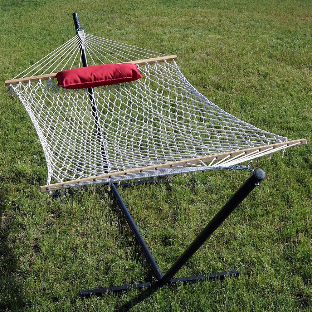 12 ft Red and Brown Striped Rope Hammock with Steel Stand