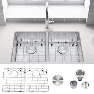 32 in. Drop-in/Undermount Double Bowl 18 -Gauge Stainless Steel Kitchen Sink with Bottom Grids