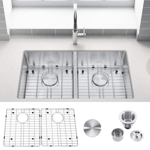 Zeus & Ruta 32 in. Drop-in/Undermount Double Bowl 18 -Gauge Stainless Steel Kitchen Sink with Bottom Grids