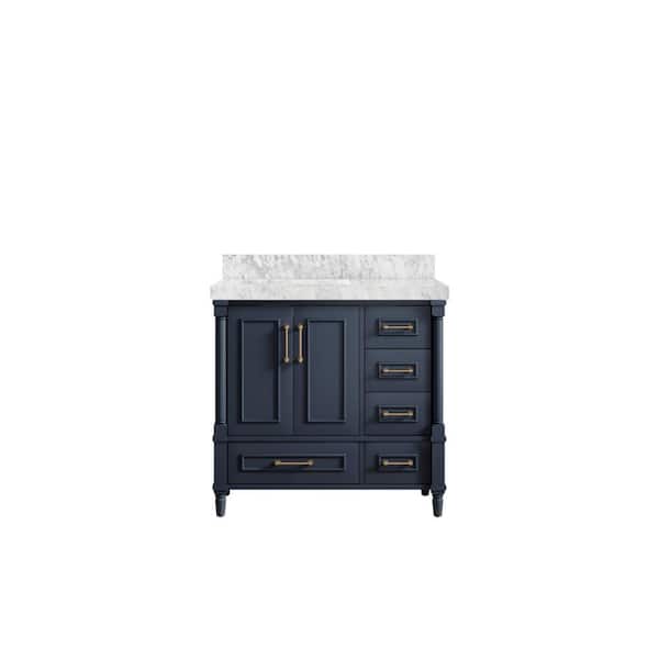 Willow Collections Hudson 36 in. W x 22 in. D x 36 in. H Left Offset Sink Bath Vanity in Navy Blue with 2 in Carrara Marble Top