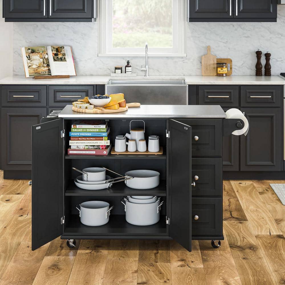 Stainless Steel Top Rectangular Kitchen Cart with Spice Rack and Storage, Black