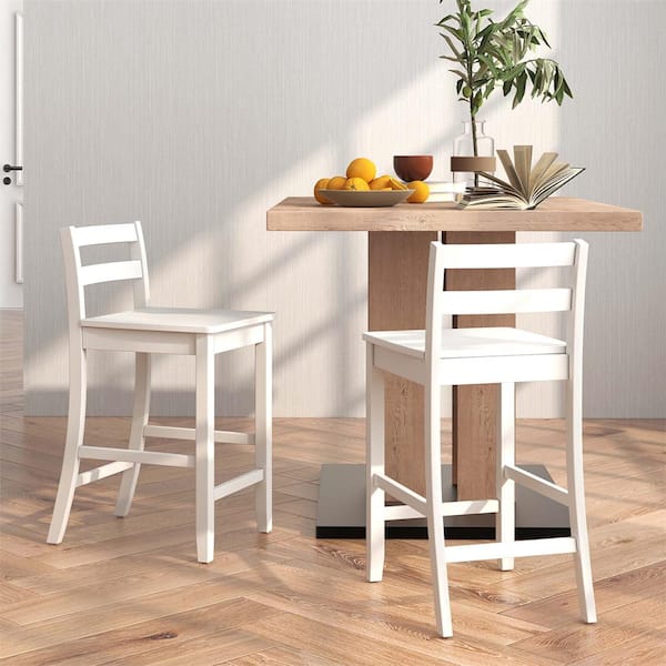24 in. White Ergonomic Backrest Wooden Frame Bar Stools with Counter Height Stools (Set of 2 )