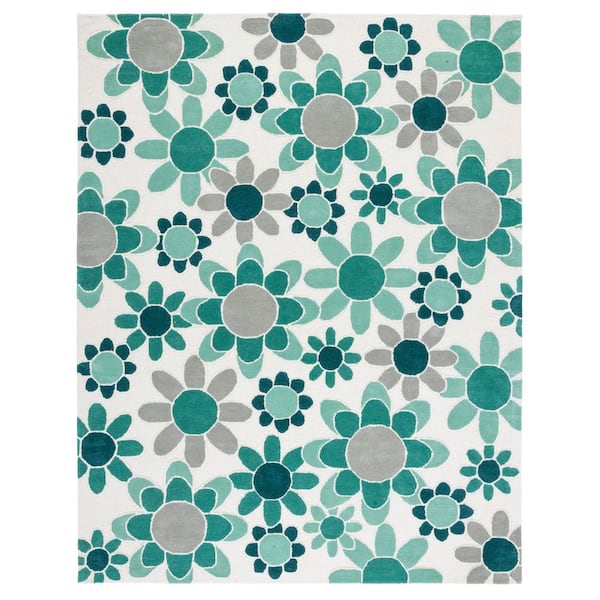 Kids 8 ft. x 10 ft. Ivory/Green Oversized Floral Area Rug