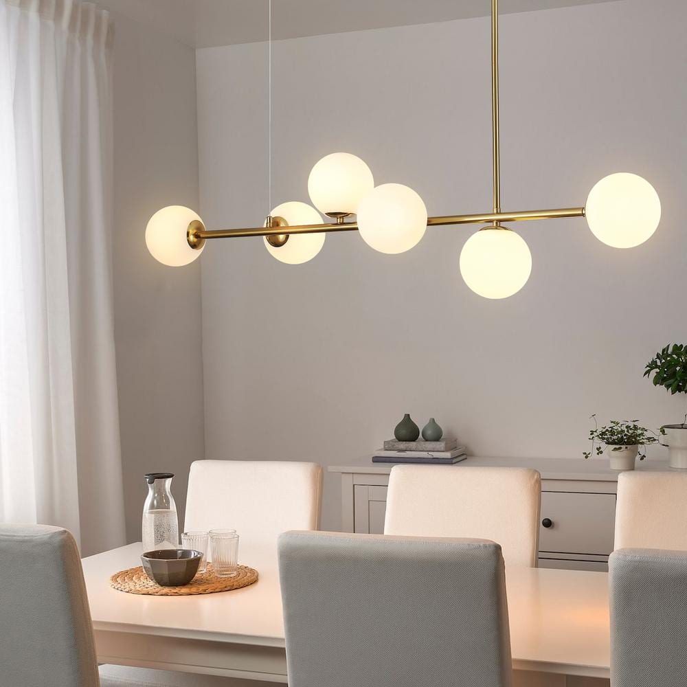 Modern Brass Linear Sputnik Chandelier with Milk Glass Shades