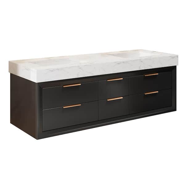 Lonni 60 in.W X 21 in.D X 21.3 in.H Floating Bathroom Vanity in Black Solid Oak/White Marble Countertop and Lights