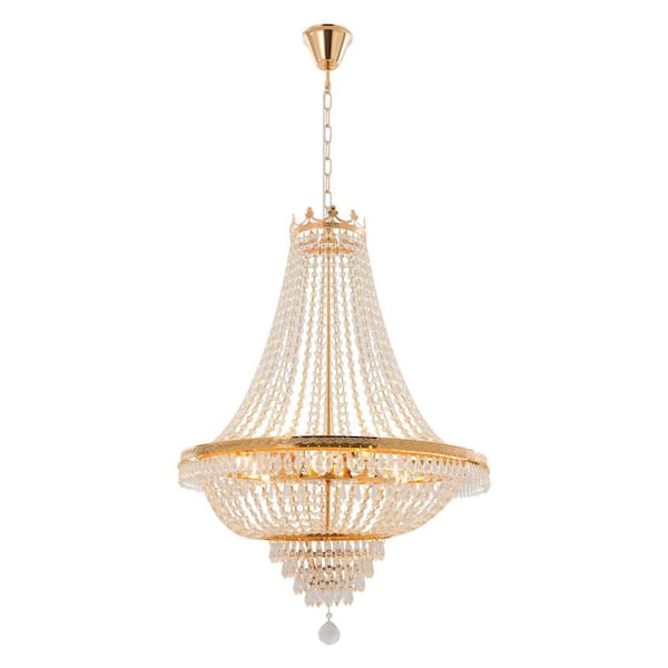 OUKANING 24 in. Gold 9-Light Luxury Raindrop Classic Empire Style Adjustable Chain Chandelier with Crystal Shade for Foyer