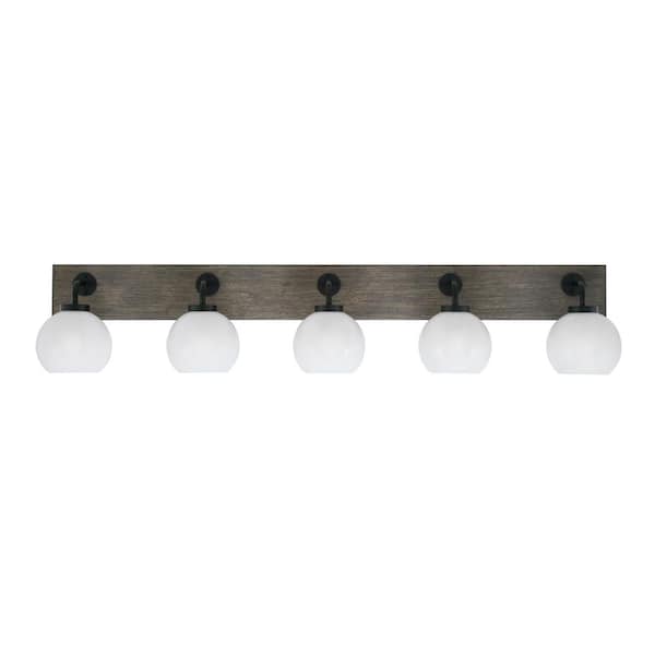Unbranded Kirby 46.5 in. 5 Light Black & Painted Wood-look Vanity Light with 5.75 in. White Marble Glass Shades No Bulbs Included