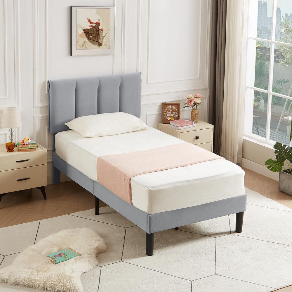 VECELO Upholstered Bed Frame, Light Gray Metal Frame Twin Platform Bed ...