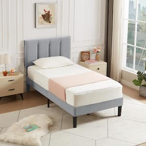 Upholstered Bed Frame, Light Gray Metal Frame Twin Platform Bed with Adjustable Headboard, No Box Spring Needed