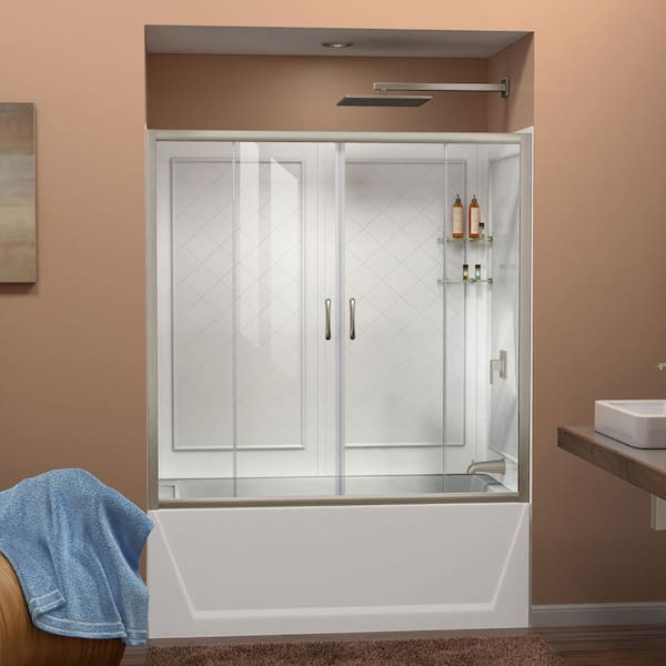 DreamLine Visions 56-60 in. W x 28-32 in. D x 60 in. H Semi-Frameless Sliding Tub Door in Brushed Nickel with Backwalls