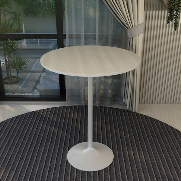 Leisuremod Round 36 in. Bar Height Dining Table with MDF Top and White Steel Pedestal Base Verve Series in Light Natural Wood