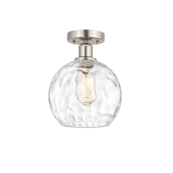 Athens Water Glass 8 in. 1-Light Satin Nickel Industrial Semi-Flush Mount with Clear Glass Shade