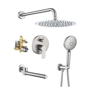 10 in.Shower Head Single-Handle 3-Spray Round High Pressure Shower Faucet, Tub Spout in Brushed Nickel (Valve Included)