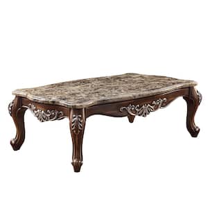 Latisha 57 in. Marble Top and Antique Oak Rectangle Marble Coffee Table