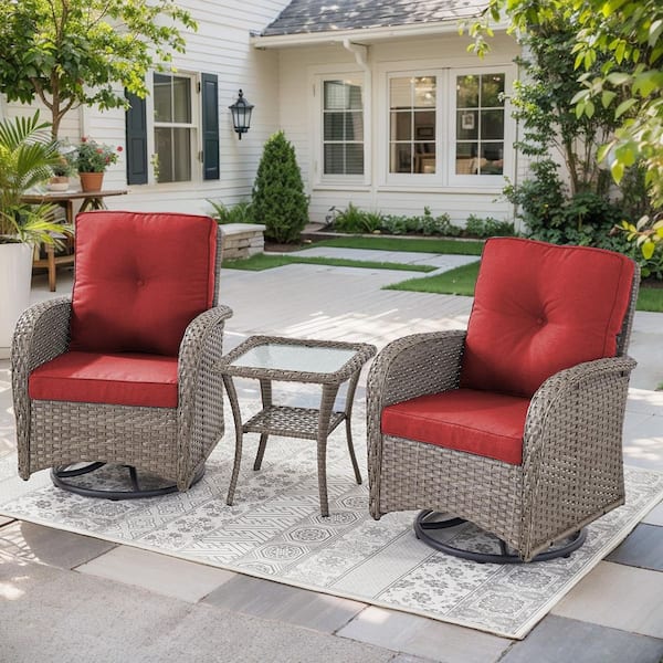 Opohoro PlainCurve 3-Piece Gray Wicker Swivel Outdoor Rocking Chairs Patio Conversation Set with Olefin Red Cushions