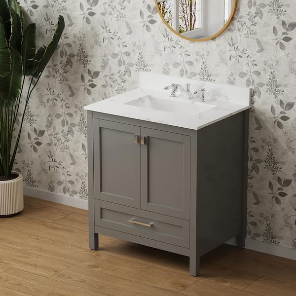 Staykiwi 30 in. W x 19 in. D x 34 in. H Single Sink Freestanding Bath Vanity in Grey with White Engineered Stone Top