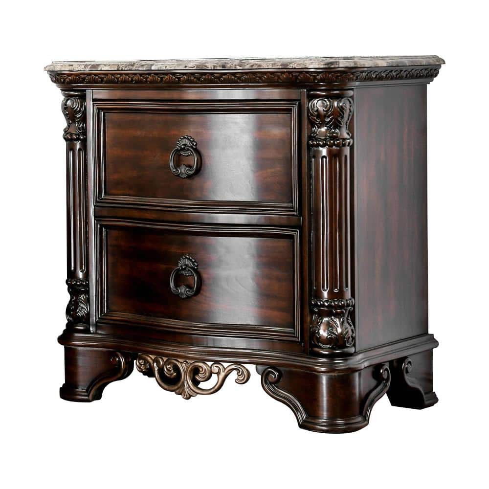 Menodora Transitional Espresso 2-Drawer Nightstand with Gold Accents