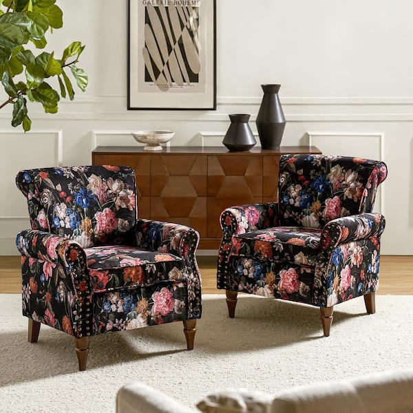 JAYDEN CREATION Auria Traditional Black Polyester Accent Arm Chair with Rolled Arms and Solid Wood Legs (Set of 2)