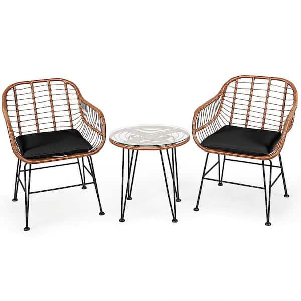 Gymax 3PCS Rattan Patio Conversation Set Bistro Chat Set w/Black Cushion
