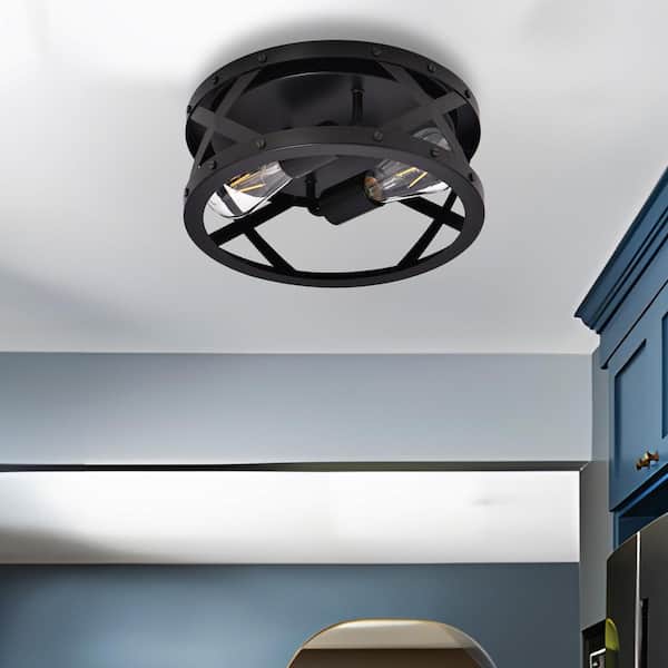 11.8 in. 2-Light Matte Black Flush Mount with Drum Shape