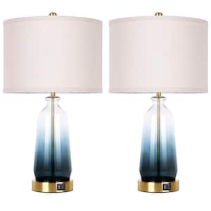 23 in. Blue Touch Control Glass Table Lamp (Set of 2) with USB Ports 3-Way Dimmable Nightstand Lamps(Include 2 Bulbs)