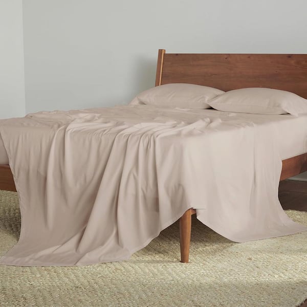 Hyper-Cotton 4-Piece Bed Sheet Set Breathable Cotton Blend Sheets Silky-Smooth Fabric Medium Beige Split Head Queen