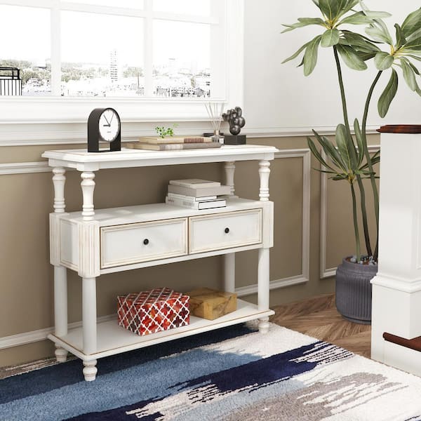 Homy Casa Lyting 39.4 in. White Rectangle Wood Console Table with 2-Drawers