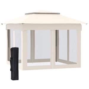 Outdoor 11 ft. x 11 ft. Pop Up Beige Gazebo Canopy Shelter with 2-Tier Soft Top and Removable Zipper Netting