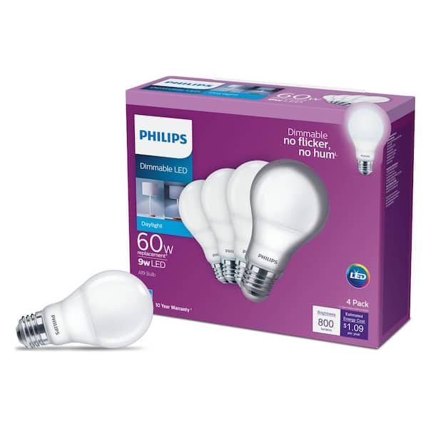 Philips 60-Watt Equivalent A19 Dimmable Energy Saving LED Light Bulb  Daylight (5000K) (4-Pack) 479584 - The Home Depot