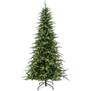 WELLFOR 7.5 ft. Green Pre-Lit LED Full PE and PVC Artificial Christmas ...