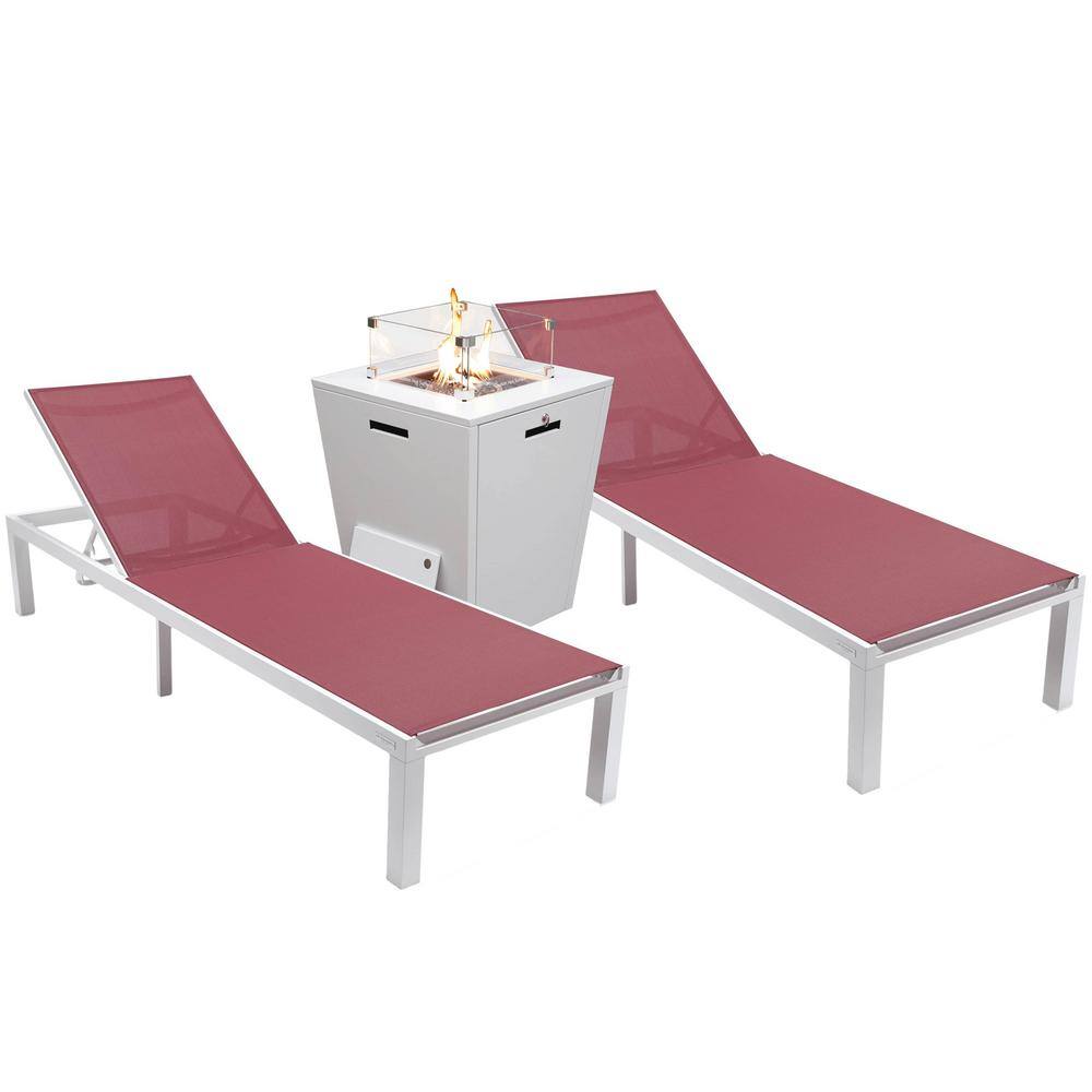 Marlin Modern White Aluminum Patio Chaise Lounge Set with Fire Pit Table in Burgundy