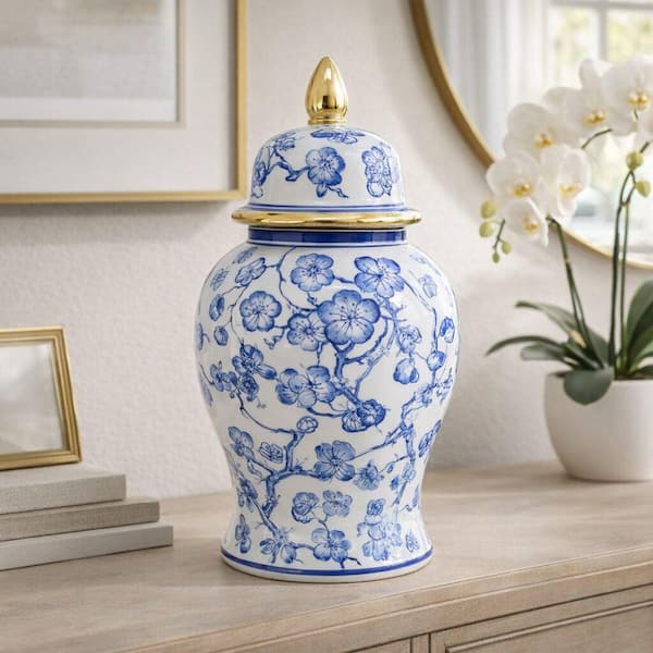 14.25 in. Blue and White Ceramic Floral Temple Jar