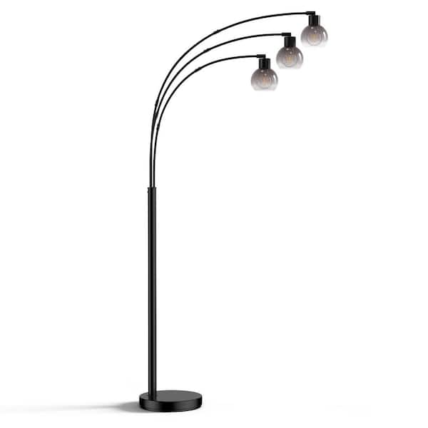 73 in. Black Industrial 3-Light LED Arc Tree Floor Lamp with Adjustable Swing Arm, Glass Shade Standing Lamp for Bedroom
