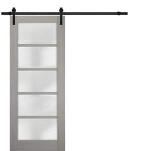 18 in. x 80 in. 5-Panel Grey Finished Solid MDF Sliding Door with Black Barn Hardware
