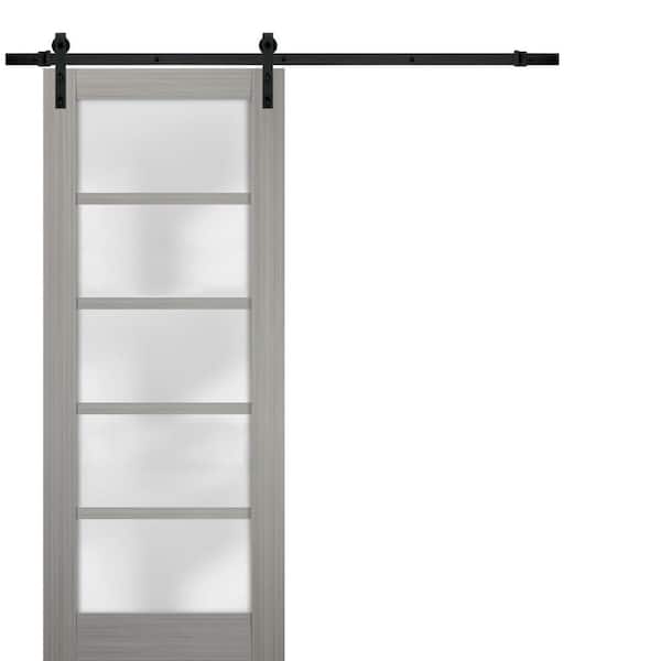 Sartodoors 42 in. x 80 in. 5-Panel Grey Finished Solid MDF Sliding Door with Black Barn Hardware