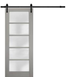28 in. x 96 in. 5-Panel Grey Finished Solid MDF Sliding Door with Silver Barn Hardware