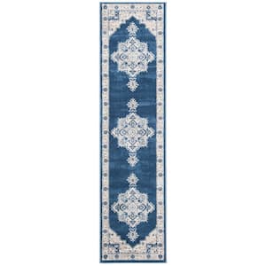 Brentwood Navy/Cream 2 ft. x 14 ft. Floral Medallion Border Runner Rug